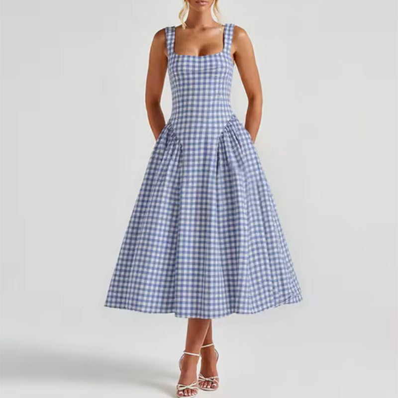 Blue gingham midi dress