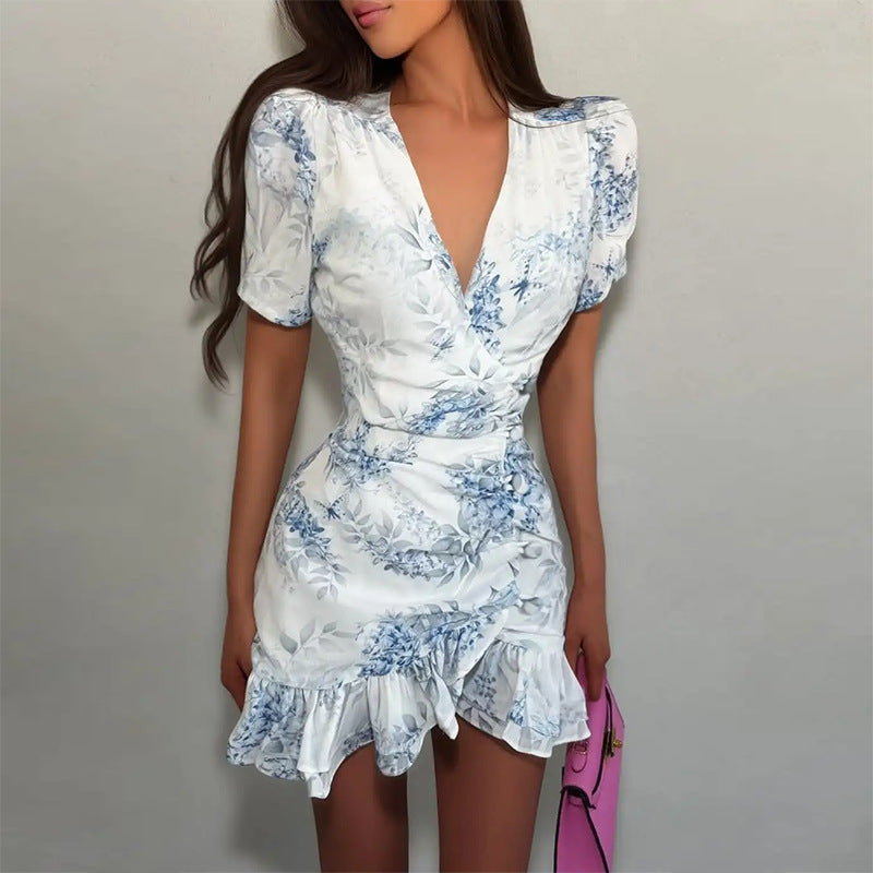 Blue floral ruffle mini dress