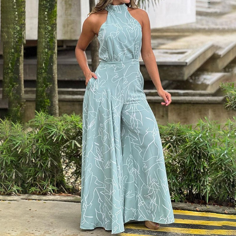 Blue printed halter jumpsuit