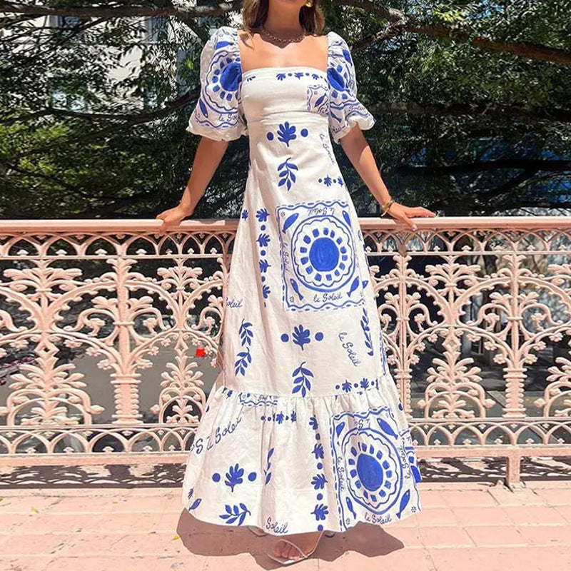Blue & white puff-sleeve dress