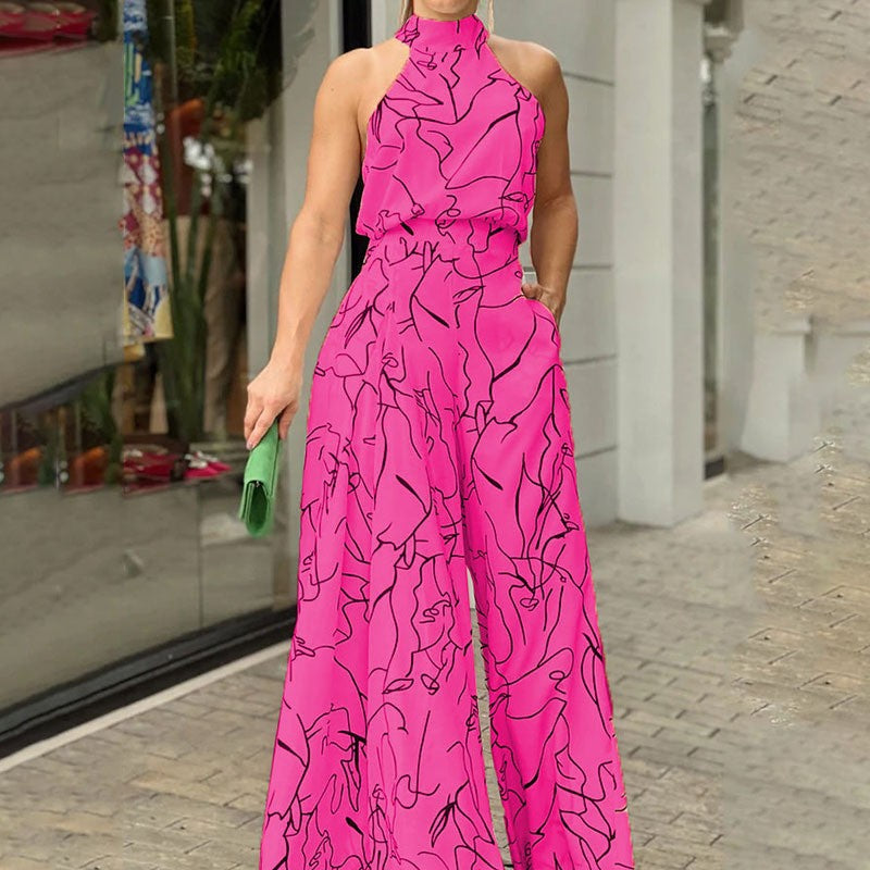 Pink printed halter jumpsuit