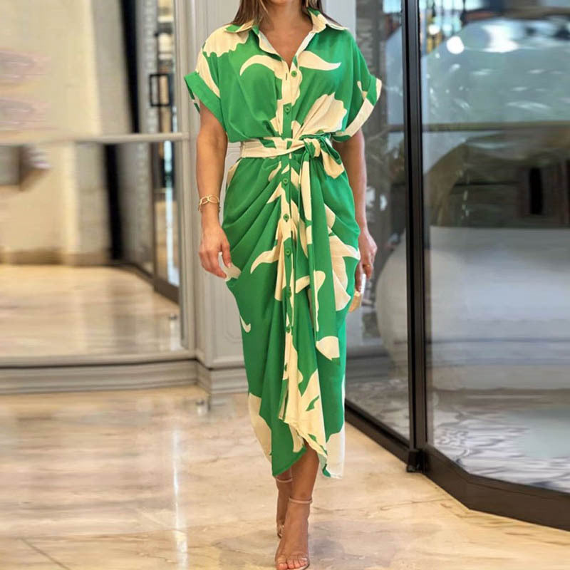 Green printed tie-waist dress